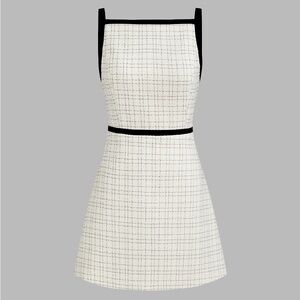 Classic '60s White Tweed Square Neckline Mini Dress with Contrasting Trim